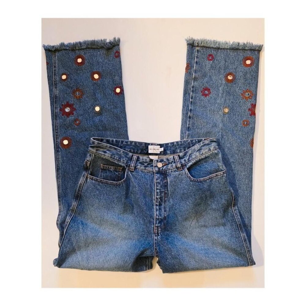 Vintage 90s Calvin Klein Embroidered Denim Jeans ✨ Frayed Hem Boho Y2K